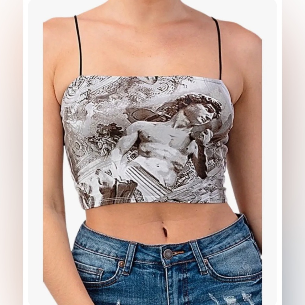 Sexy SLEEVELESS RENAISSANCE STATUE PRINTED CROP TOP Stretchy Straps Cropped tank
